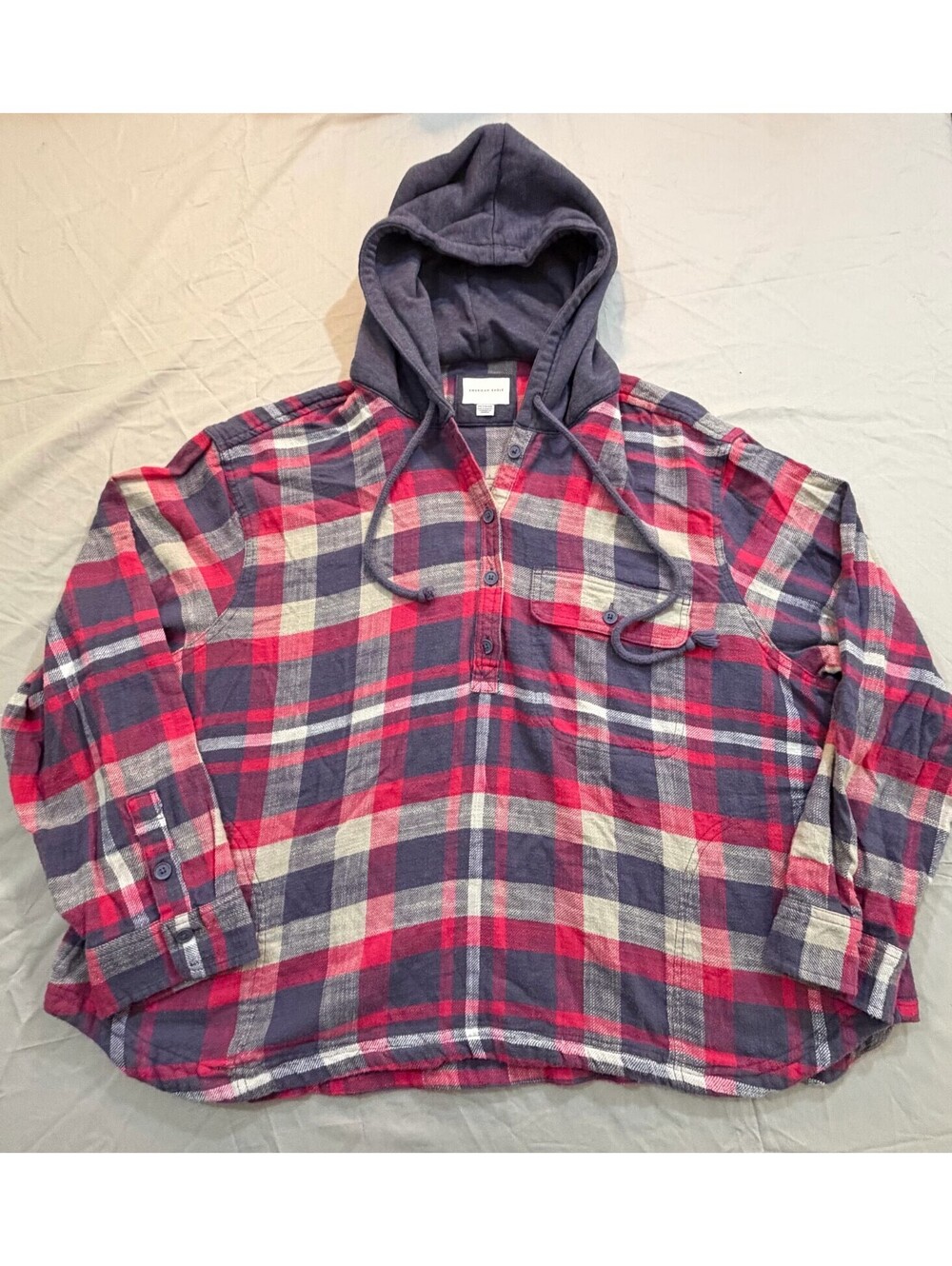 American Eagle Men XXL Hooded Flannel Shirt Red Blue Plaid Pullover